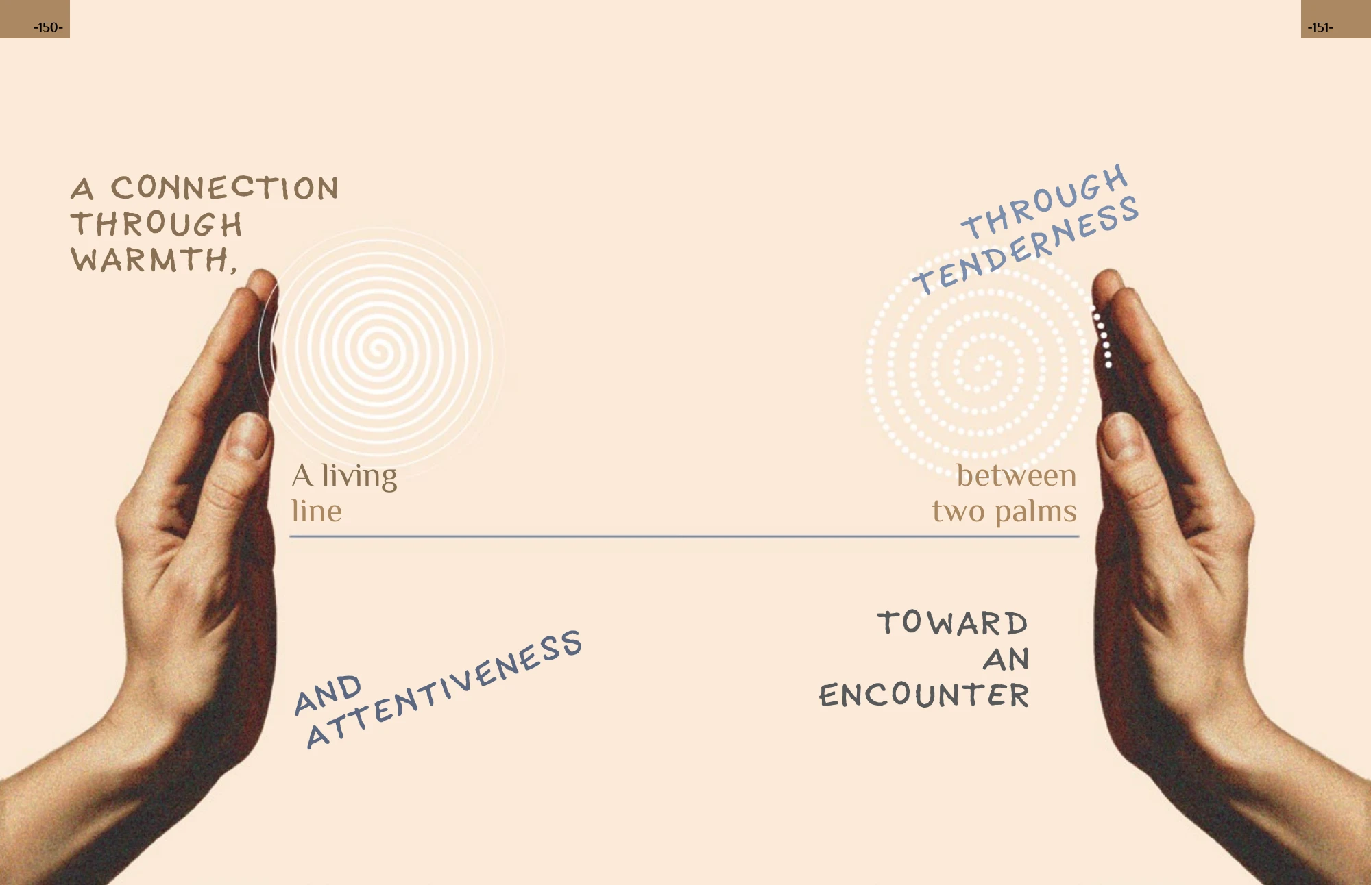 Two outstretched hands connected by a living line, with words about warmth, tenderness and attention.