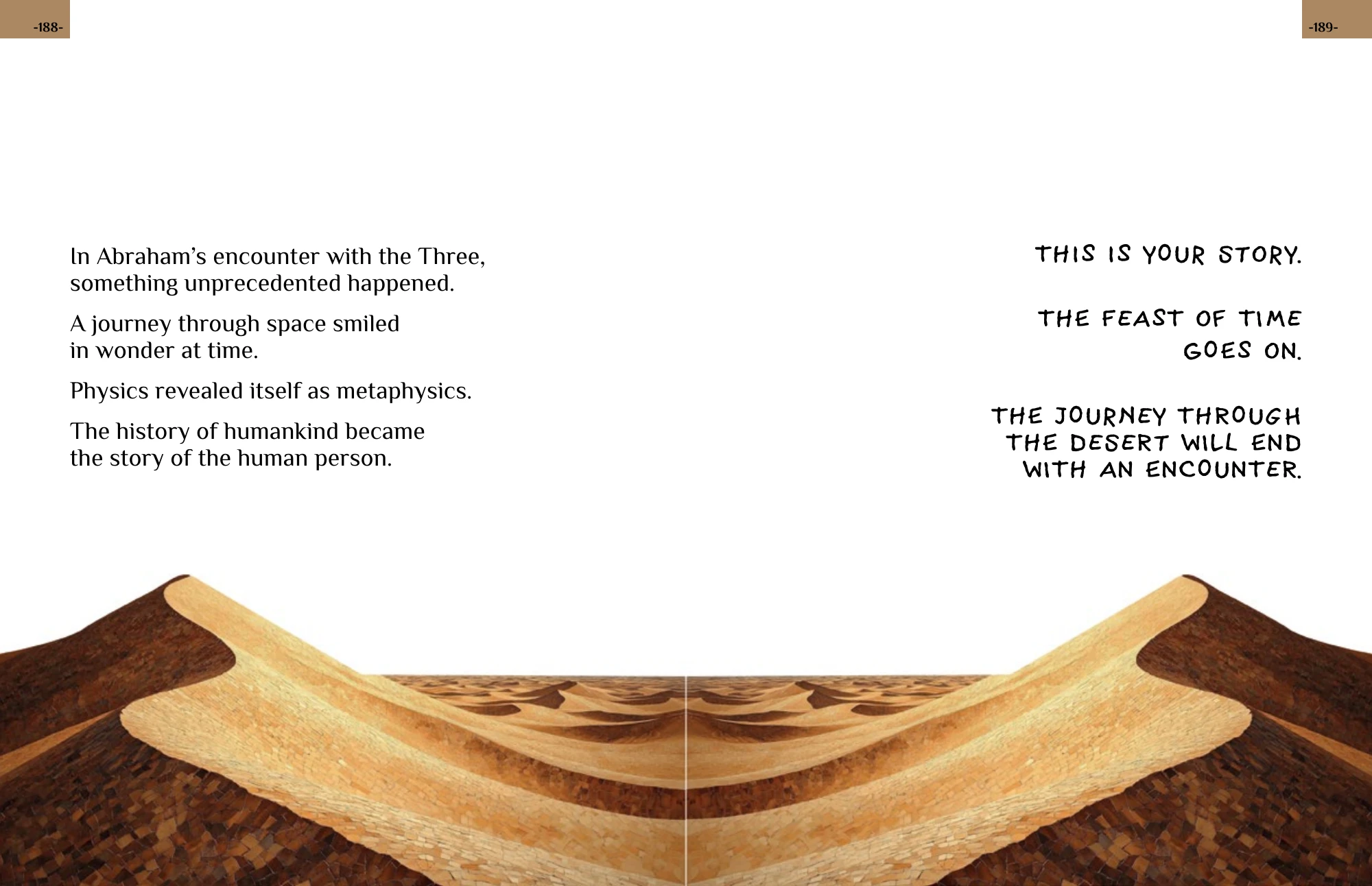 An open book becoming a desert landscape, beneath the closing invitation to encounter.