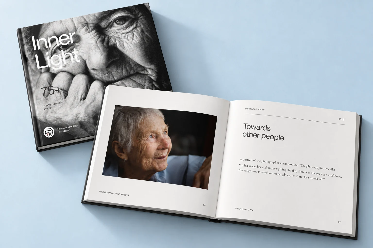 The square Inner Light art book: a full-page photographic cover and an open portrait spread.